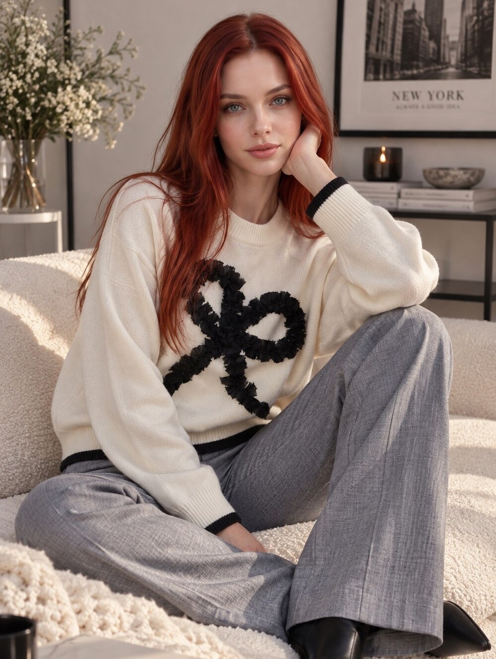 Cider Knitted Bowknot Oversized Sweater S Cream Black Tulle Bow Coquette CC